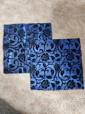 Luxury Embossed Blue & Black Floral Satin Cushion Covers Set of 2
